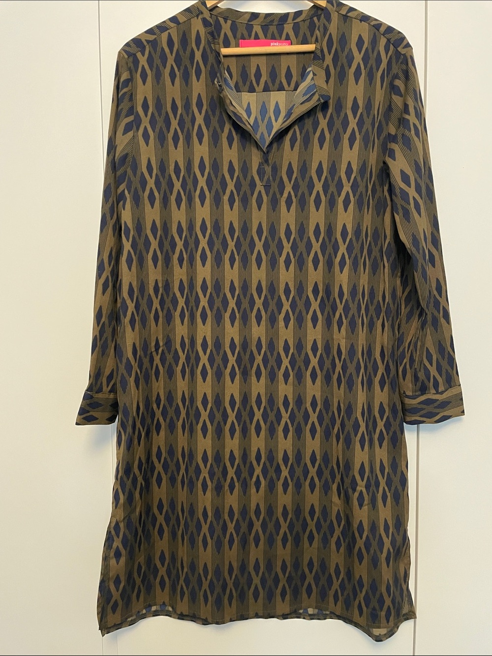 Pinkyotto Olive & Navy Diamond-Print Long Sleeve Tunic Dress